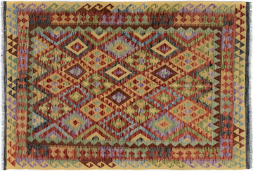 Flat Weave Kilim, Antique, Navaho, Vintage, Handmade, Geometric Kilim Gold Red Hand-Woven Rectangle 100% Wool Area Rug 5 x 6